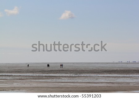 silhouettes of people walking on mudflat at the german north sea coast