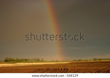 The sun breaks through after a heavy rainfall near sunset. The resulting rainbow appears to end in a farmyard