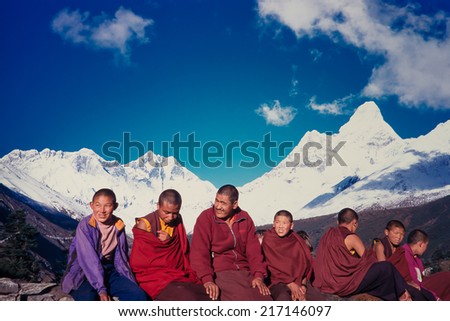 21 March 1997: Nepalese monks below the summit of \'Amadablam in the village of Tengboche