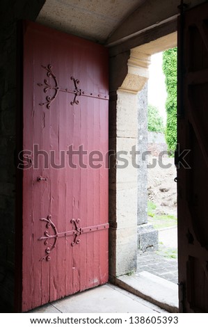 open red wooden door, Vezelay, Burgundy, France