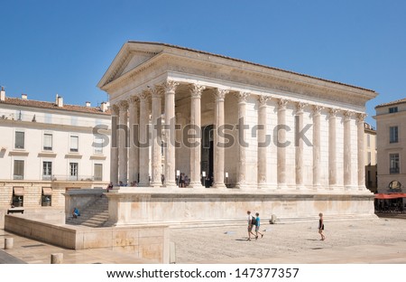 Roman temple Maison Carree in city of Nimes in southern France