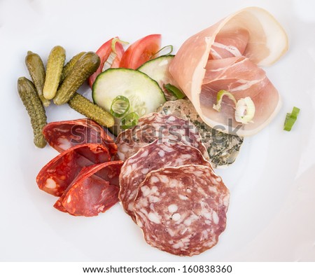 French cold cut plate (sausage,ham,chorizo,cornichon,pickles,gherkin,shallot,,tomato,)