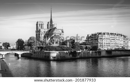 Black and white Paris: Panorama of the Notre Dame cathedral in the morning, Paris, France