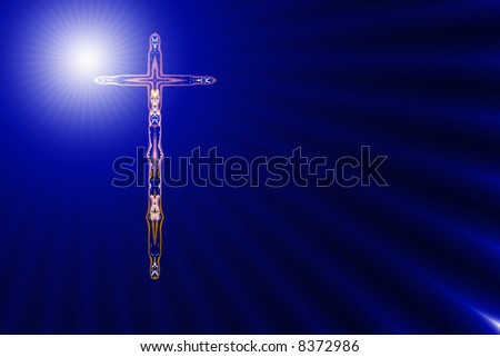 Divine light shines on an upright cross stylized by fractals
