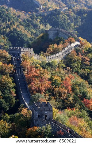 The Great Wall of China snaking across the hills and through the trees