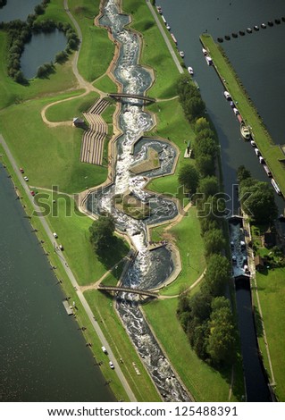 aerial view of a white water rafting course at the National Water Sports Centre near Nottingham