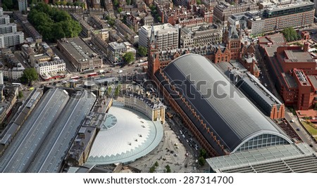 aerial view of Kings Cross and St Pancras Railway Stations in London, UK