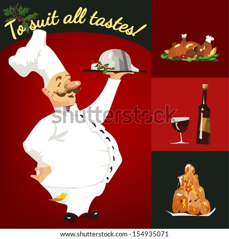 Funny chef serving dishes; Christmas set of food