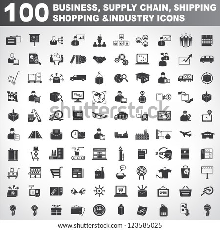 100 business, supply chain, shipping, shopping and industry icons