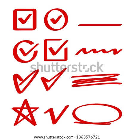 red hand drawn check, mark wrong mark, underline and  oval marker
