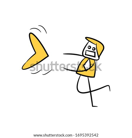 businessman throws boomerang yellow stick figure design