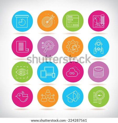 seo icons, web analytics icons, network icons, colorful circle buttons set