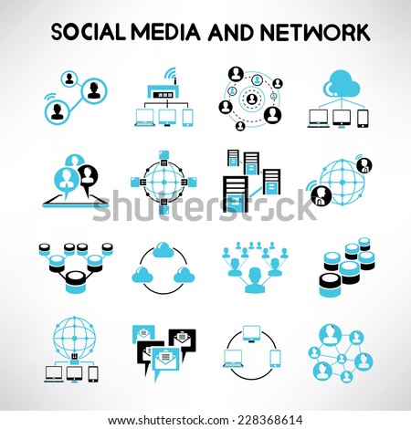 social network icons, network and communication icons, black and blue theme