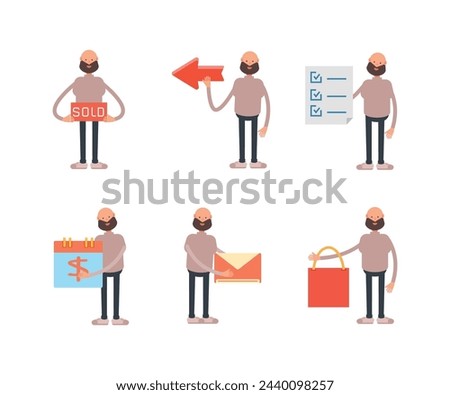 bald and beard man characters set in different poses vector illustration