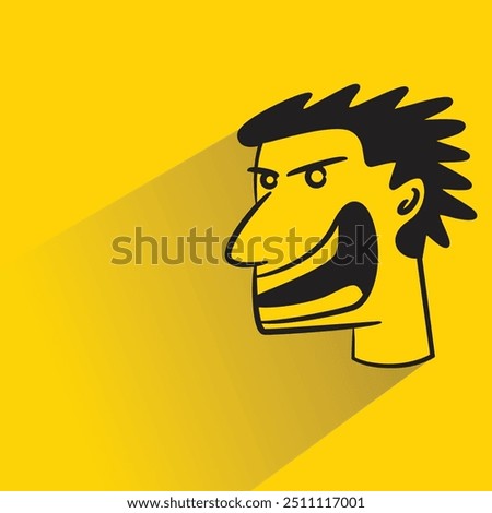 mad man face icon with shadow on yellow background