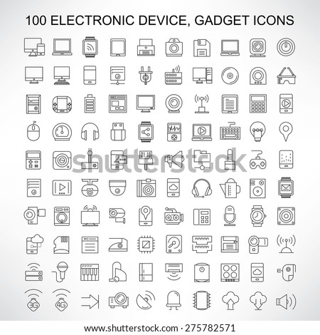 100 electronic device icons, gadget, computer, smart phone, tablet, camera, smart watch, and network icons, thin line icons