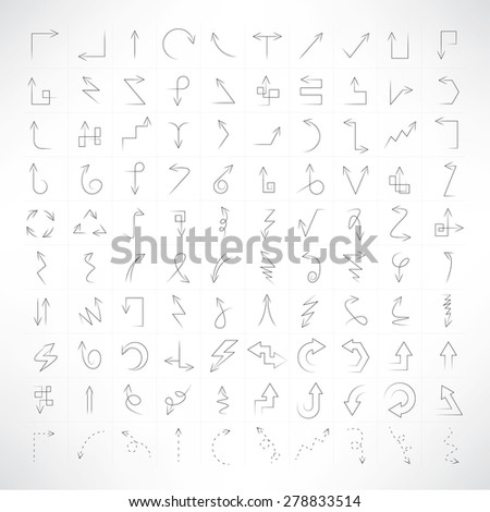 set of 100 thin line arrow icons, hand drawn arrows