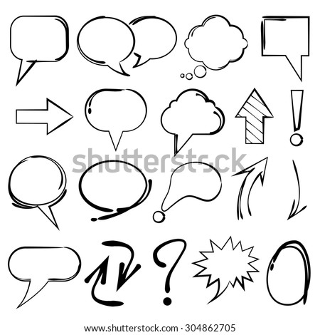 speech bubble, sketch highlighter elements, circles, arrows