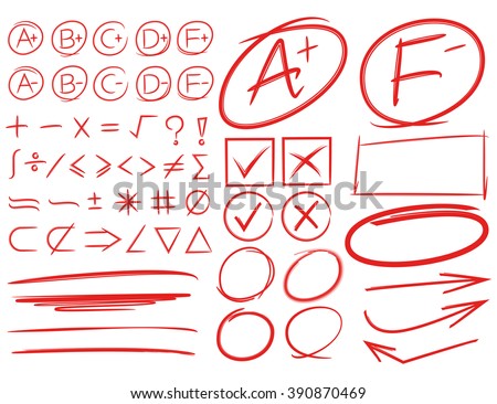 grade results, grade symbols, highlighters, markers, underlines, arrows, math signs, circles 