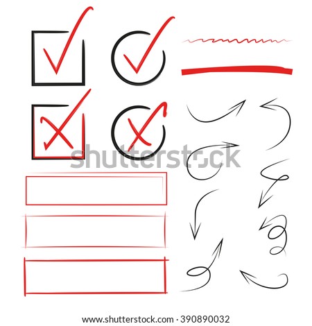 check marks, wrong marks, arrows, hand drawn box