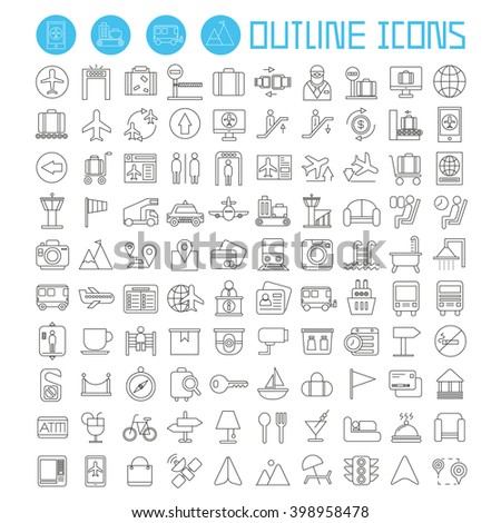 airport and travel icons set, outline theme vector icons