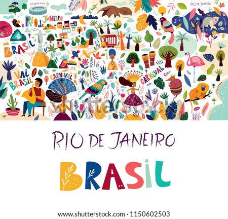 Rio De Janeiro Brazil vector illustration. Symbols and icons of Brazil