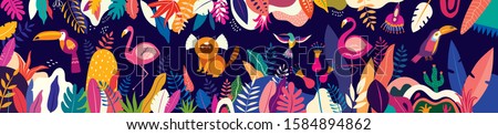 Vector colorful illustration with tropical flowers, leaves, monkey, flamingo and birds. Brazil tropical pattern.