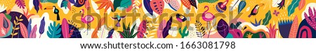 Animals big collection. Animals of Brazil. Vector colorful set of illustrations with tropical flowers, leaves, monkey, flamingo, and birds. Brazil tropical pattern. Rio de janeiro pattern