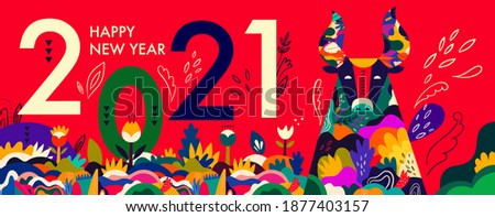 Happy New Year 2021 concept design. Happy Chinese New Year 2021 vector design. Symbol of 2021 Year the Bull. 2021 Happy New Year template. Vector illustration with colorful Bull in folk style.