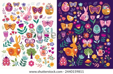  Spring holiday collection. Colorful collection with easter rabbits, Easter eggs, butterfly and beatle. Happy easter greeting cards with decorative easter bunny. Notebook covers