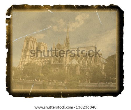 Old photo paper texture with view of Notre-Dame cathedral - Paris, France