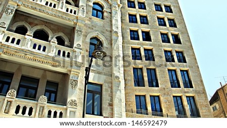 Restored Hotel Waldorf Astoria. Jerusalem . During the restoration architects retained its original facade with majestic arches, columns and ornate complex drawings.