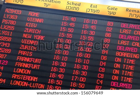 TEL AVIV - JULY 15: Flights departure information timetable in Ben Gurion International Airport on July 15, 2013 in Tel Aviv, Israel,  one of the best safety and  security in the industry of the world