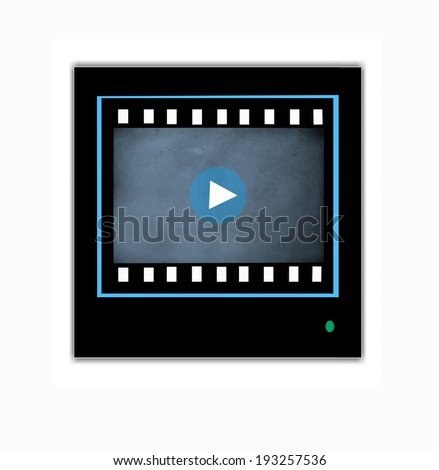 blank negative film strip on white background and sign PLAY on television screen