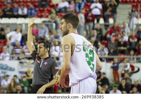 IZMIR APRIL 04: Pinar Karsiyaka\'s JON K DIEBLER holds the ball in Turkish Basketball League game between Pinar Karsiyaka 93-80 Tofas on April 04, 2015 in Izmir