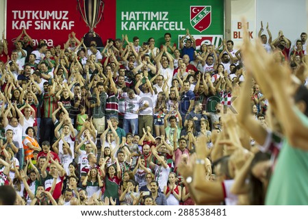 IZMIR   JUNE 16: Pinar Karsiyaka\'s Fans are supporting in Turkish Basketball League game between Pinar Karsiyaka 91-88 Anadolu Efes on June 16, 2015 in Izmir