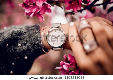 Stylish watch on woman hand 商業照片 © 