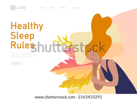 Sleeping character girl landing page template. The woman sleeps in bed alone in different poses, different poses during a night sleep. View from above. Colorful vector illustration.