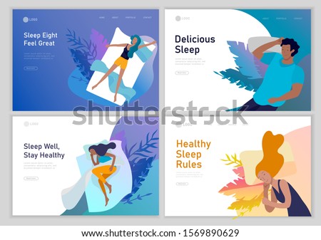 Landing page template sleeping people character. Family with child are sleep in bed together and alone in various poses, different postures during night slumber. Top view. Colorful vector illustration