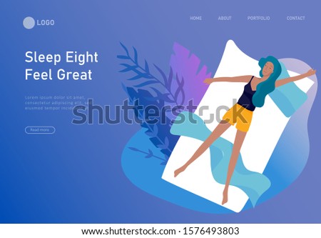 Sleeping character girl landing page template. The woman sleeps in bed alone in different poses, different poses during a night sleep. View from above. Colorful vector illustration.