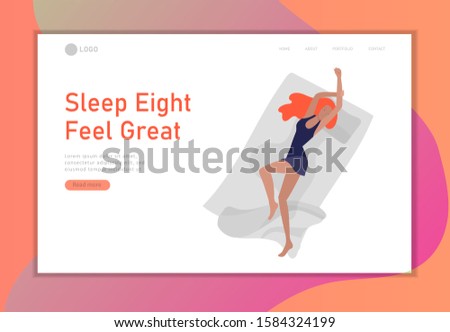 Sleeping character girl landing page template. The woman sleeps in bed alone in different poses, different poses during a night sleep. View from above. Colorful vector illustration.