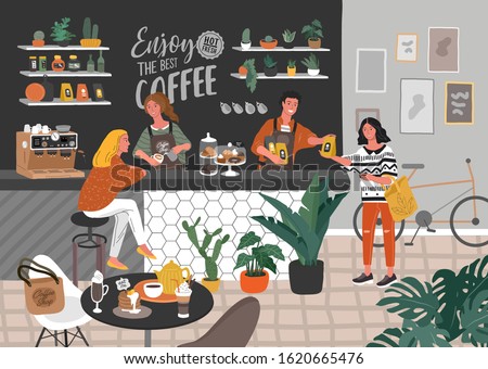 Coffee shop or cafe interior design and scene. Character of Girl barista make cappuccino art and happy cafe customer. Scandinavian style interior with houseplants and handwritten quote. Cartoon vector