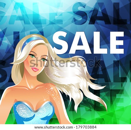 Fashion beautiful blonde woman in a blue dress, with spring sale typography background for your text