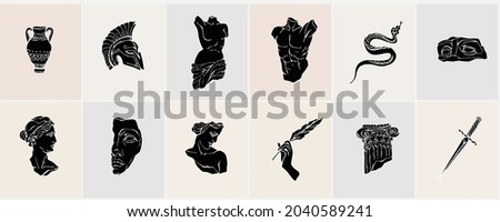 Set of antique marble statues with broken elements. Greek classic ancient of Venus, amphora. Modern tattoo and logo. Hand drawn mythical trendy Vector