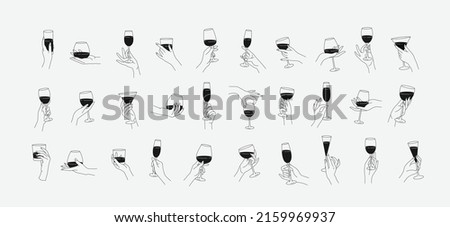 Collection of different woman hands gestures hold wineglass or drink cocktails. Minimal linear trendy style. Line icons or symbol of female hand for logo in restaurant or bar. Vector illustration