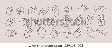 Set of hands holding various stuff. Different operations and gestures. Hand drawn vector