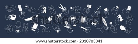 Set of hands holding various stuff. Different operations and gestures. Hand drawn vector