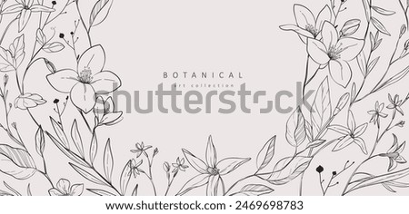 Floral bakground or wallpaper with bouquet of various flowers. Botanical foliage for wedding invitation or wall art. Vector illustration. Luxury inked