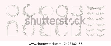 Set of different floral frame from flat editable stroke. Luxury line floral collection for wedding invitation art, design template of save the date card. Botanical vector illustration, lined herbs