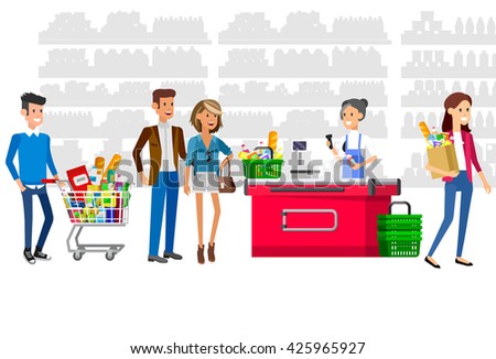 Concept illustration for Shop. Vector character woman cashier in supermarket. Healthy eating and eco food, cash register and buyer